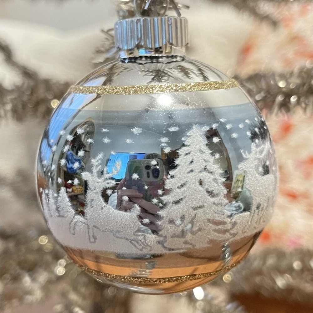 3" Radko Shiny Brite Stenciled Flocked Ornament Reindeer Winter Tree Blue Gold‎
